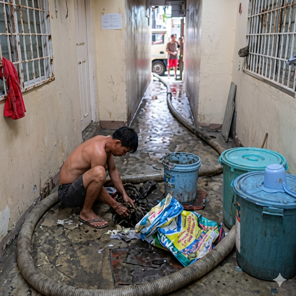 Technician performing manual drainage cleaning in a narrow service area