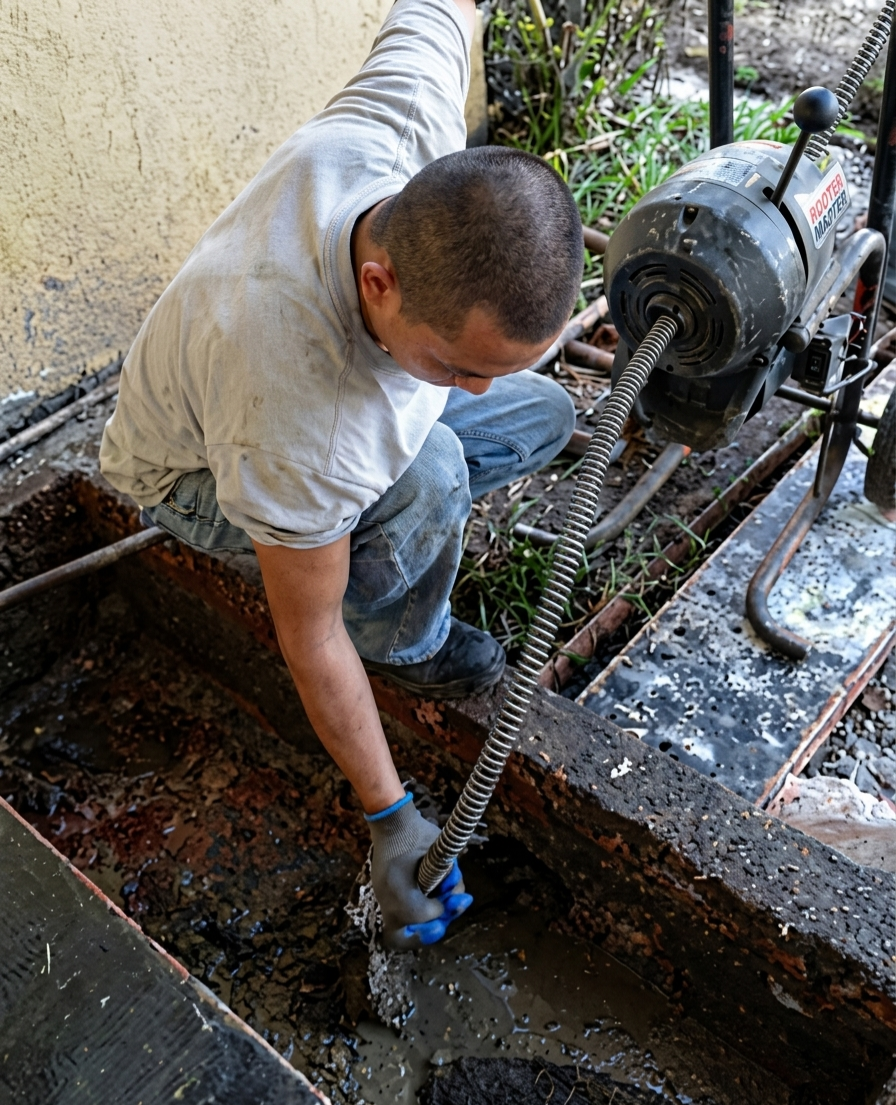 Drain de-clogging machine clearing a trench line