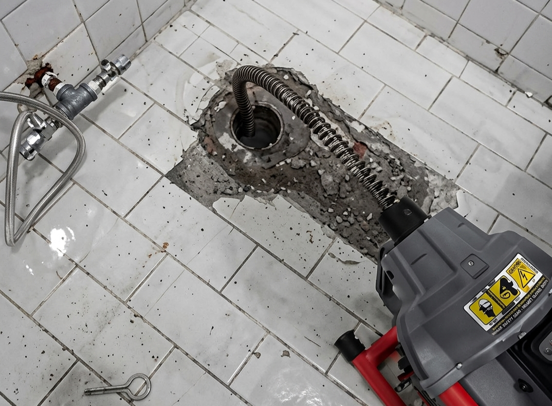 Mechanical drain auger clearing a bathroom floor drain