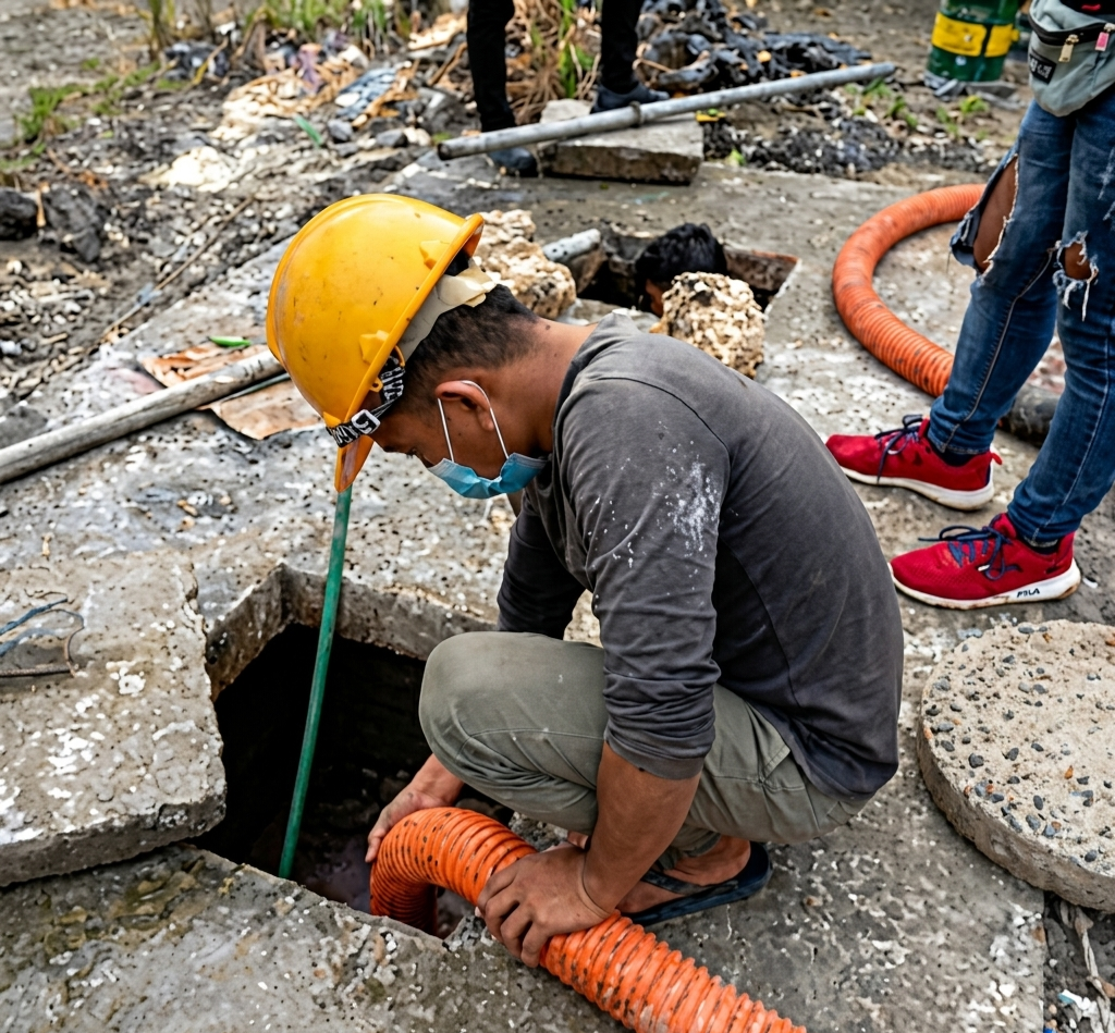 Worker siphoning a septic tank opening with safety gear