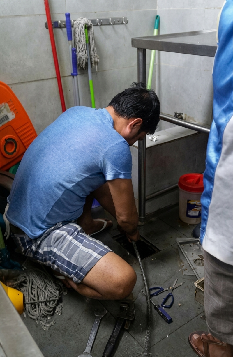 Technician clearing an indoor floor drain in a kitchen area